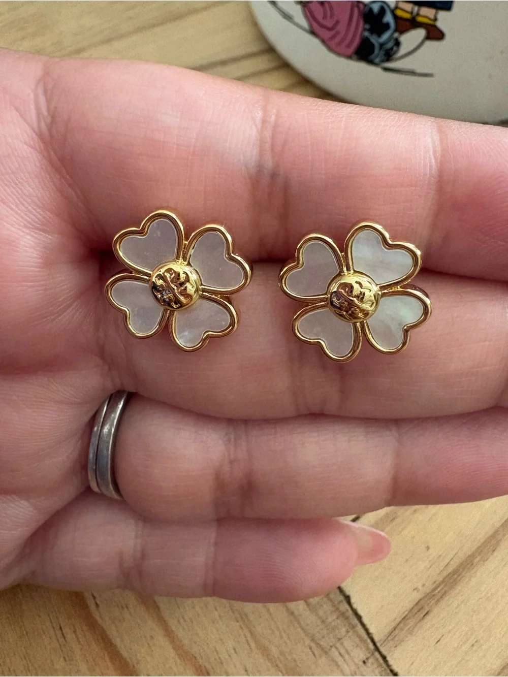 Gold Flower Stud Earrings with Iridescent Mother-of-Pearl Petals
